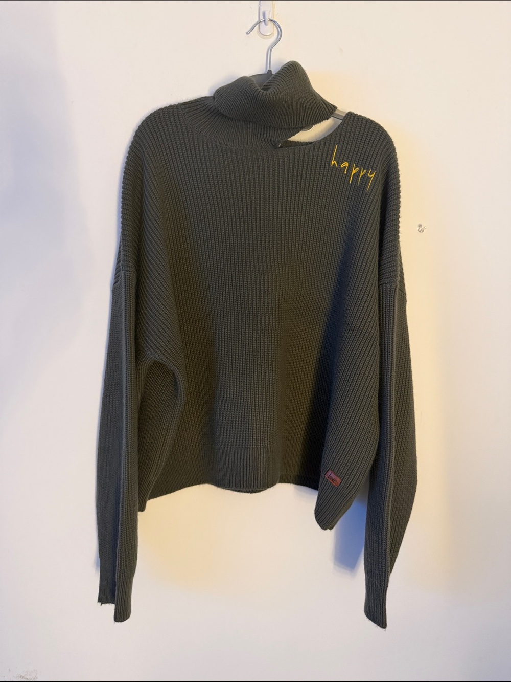 Grey Embroidered Oversized Drop Shoulder Turtleneck Sweater